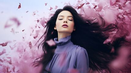 Beautiful long black hair woman with purple flowers - Powered by Adobe