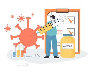 Obraz na płótnie Canvas Happy doctor with huge vaccine syringe and virus particle. Laboratory equipment, prevention of coronavirus or disease vector illustration. Vaccination, healthcare, medicine, immunity concept