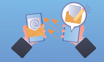 Hand holds a mobile phone on the envelope screen and the send button. notification on the smartphone screen of a new message.on blue background.Vector Design Illustration.