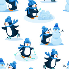 Seamless pattern with cute penguin vector illustrations. Cartoon winter characters.