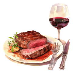 a glass of wine and a plate of steak