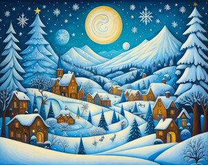 Midway through the night forest, a small settlement is covered in snow. Illustrational design, oil painting style.