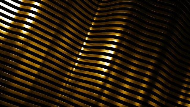 3D background with curving bands of metal lines. Design. Beautiful metal stripes bend in waves on black background. Metal lines move slowly bending