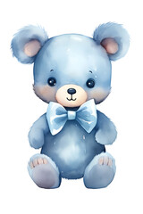A transparent background beautiful blue bear with a tie. Watercolor clip art.