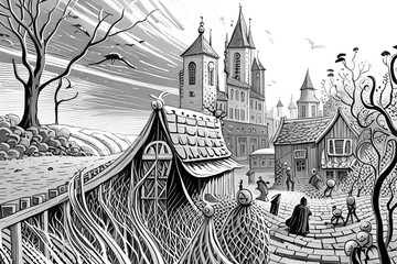 Illustration of a gothic horror castle that looks like something out of a picture book.