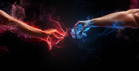 fine art male female hands reaching for each with blue or red hd wallpaper