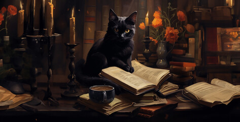 black cat reading a book hd wallpaper
