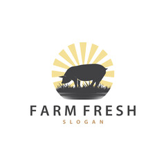 Pig Logo, Grilled Pork Pig Simple Rustic Stamp, Livestock Cattle Vector, BBQ Barbecue Vintage Design Inspiration