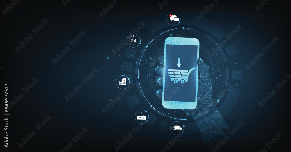 Aufkleber online business and internet trading concept. a virtual image cart on a dark blue background conveys