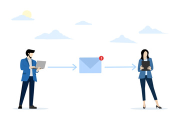 Obraz premium concept of businessman working online and business email marketing. Email and messaging, Email marketing campaigns, Work processes, New email messages. flat vector illustration on white background.