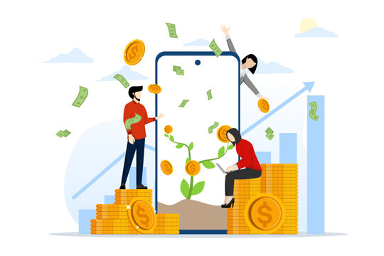 business people explain how to make more money from smartphones. People sitting on a pile of gold coins working online have an interesting idea, flat vector illustration on a white background.