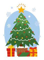 クリスマスツリーとプレゼントの手書きベクターイラスト