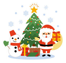 クリスマスツリーとサンタクロースと雪だるまとプレゼントの手書きベクターイラスト