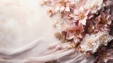 Beautiful flowers and fabric on light background, top view. Space for text