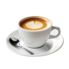  A white cup of  coffee with spoon and foam on top isolated on transparent background, png file, side view,