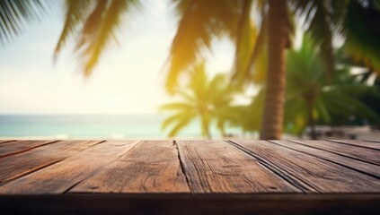 Wooden table with green forest and beach background. - obrazy, fototapety, plakaty