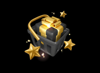 Vector 3d Black Friday illustration. Shopping cart with gift box in black and gold colors, golden stars and confetti