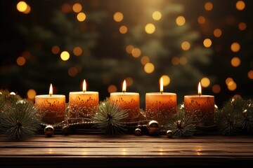 A background image for creative content showcasing the warm ambiance of candlelights arranged on a wooden table, with holiday lights in the background. Photorealistic illustration