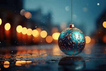 A customizable background image for creative content showcases a close-up view of a blue bauble, offering a wintery canvas for personalization and creative elements. Photorealistic illustration