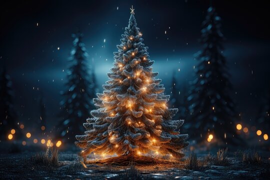 A background image for creative content depicting an illuminated Christmas tree against the backdrop of a snowy night, creating a magical and festive atmosphere. Photorealistic illustration