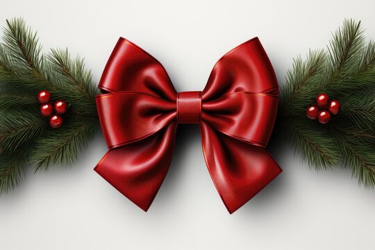 A background image showcasing a red ribbon against a white background, creating a festive canvas perfect for various design elements with a touch of holiday flair. Photorealistic illustration