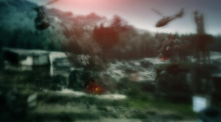 Military, warzone and apocalypse with explosion on battlefield for missile, army and bomb launch....