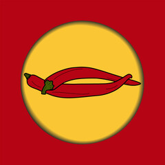 Two red hot chili peppers on cut paper background in trendy bright shades. Mexican spicy food. EPS