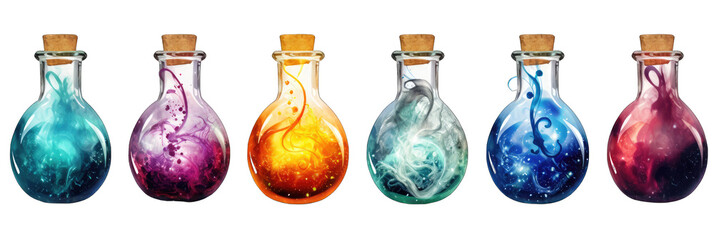 Captivating Swirling Potion Vials Magical Effects Collection Isolated on a transparent background - obrazy, fototapety, plakaty