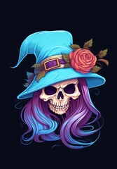 Halloween cartoon skull in hat. Halloween characters Clipart. Colorful Posters for Halloween. AI Generated