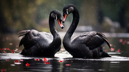 Two black swans engaged in an elegant courtship dance, their long necks forming a heart shape as they embrace