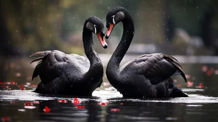 Selbstklebende Fototapeten Two black swans engaged in an elegant courtship dance, their long necks forming a heart shape as they embrace © Наталья Евтехова