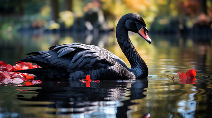 A magnificent black swan gracefully gliding across the still waters of a tranquil lake, its reflection mirrored perfectly below