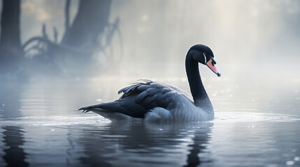 A black swan gliding through a misty morning fog, creating an ethereal and mysterious atmosphere on the water