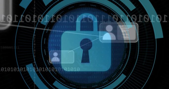 Animation of padlock in loading circles, binary codes in globe, computer language, connected icons