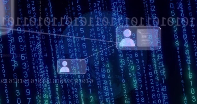 Animation of computer language, connected icons, binary codes and changing numbers over globe