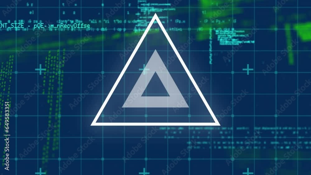 Poster animation of looping triangles with grid pattern and computer language over abstract background