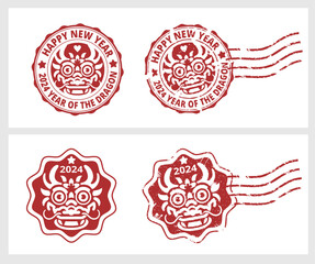 year of the dragon 2024 cute cartoon seal set. rubber stamp,Badge, patch template. Lunar New Year emblem in the form of a minimalist Chinese Zodiac icon.