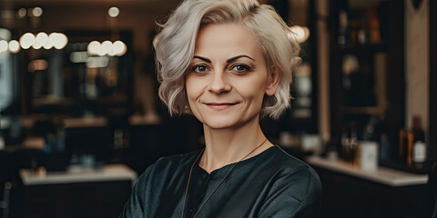 adult hairdresser worker mature elderly woman portrait in hair salon concept of female professional business owner profession occupation hairdresser - obrazy, fototapety, plakaty