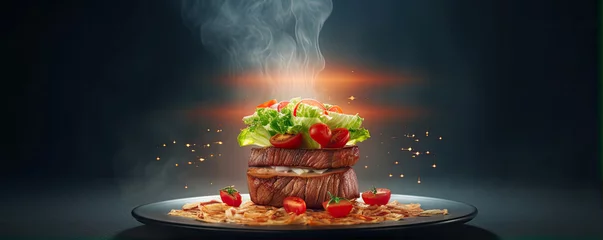  Levitation steak with green vegetable and tomato. copy space for text. © Michal