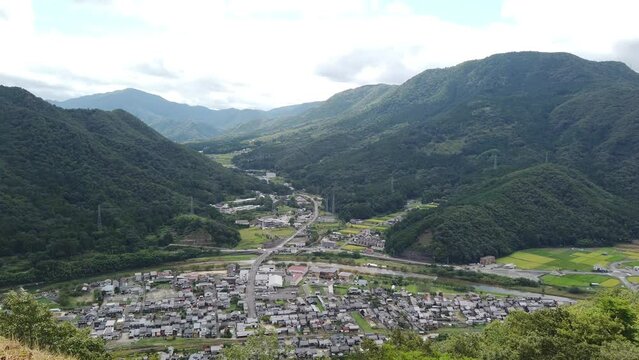 Takeda Castle Viewpoint of the Asago City and Valley Panning, Japan, Aerial Shot