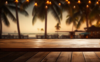 Wooden table and lights on the beach