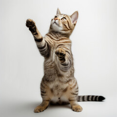 Obraz premium The cat stands on its hind legs and looks up on a white background