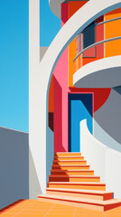 Multicolored sunny building complex with arches and windows