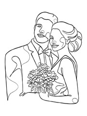 Continuous one line drawing of a wedding couple. Vector illustration.