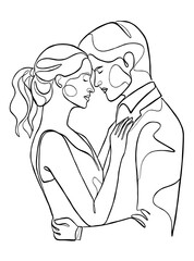 Continuous one line drawing of a wedding couple. Vector illustration.