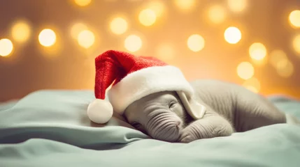 Foto op Canvas Cute elephant in santa hat sleeping on white sheet, Christmas blurred background © tashechka