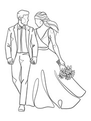 Continuous one line drawing of a wedding couple. Vector illustration.