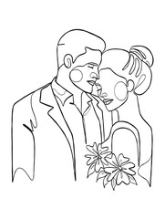 Continuous one line drawing of a wedding couple. Vector illustration.