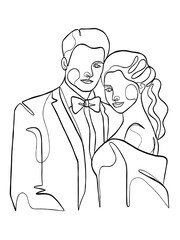 Continuous one line drawing of a wedding couple. Vector illustration.