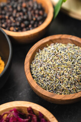 Nature skincare ingredients on a black background